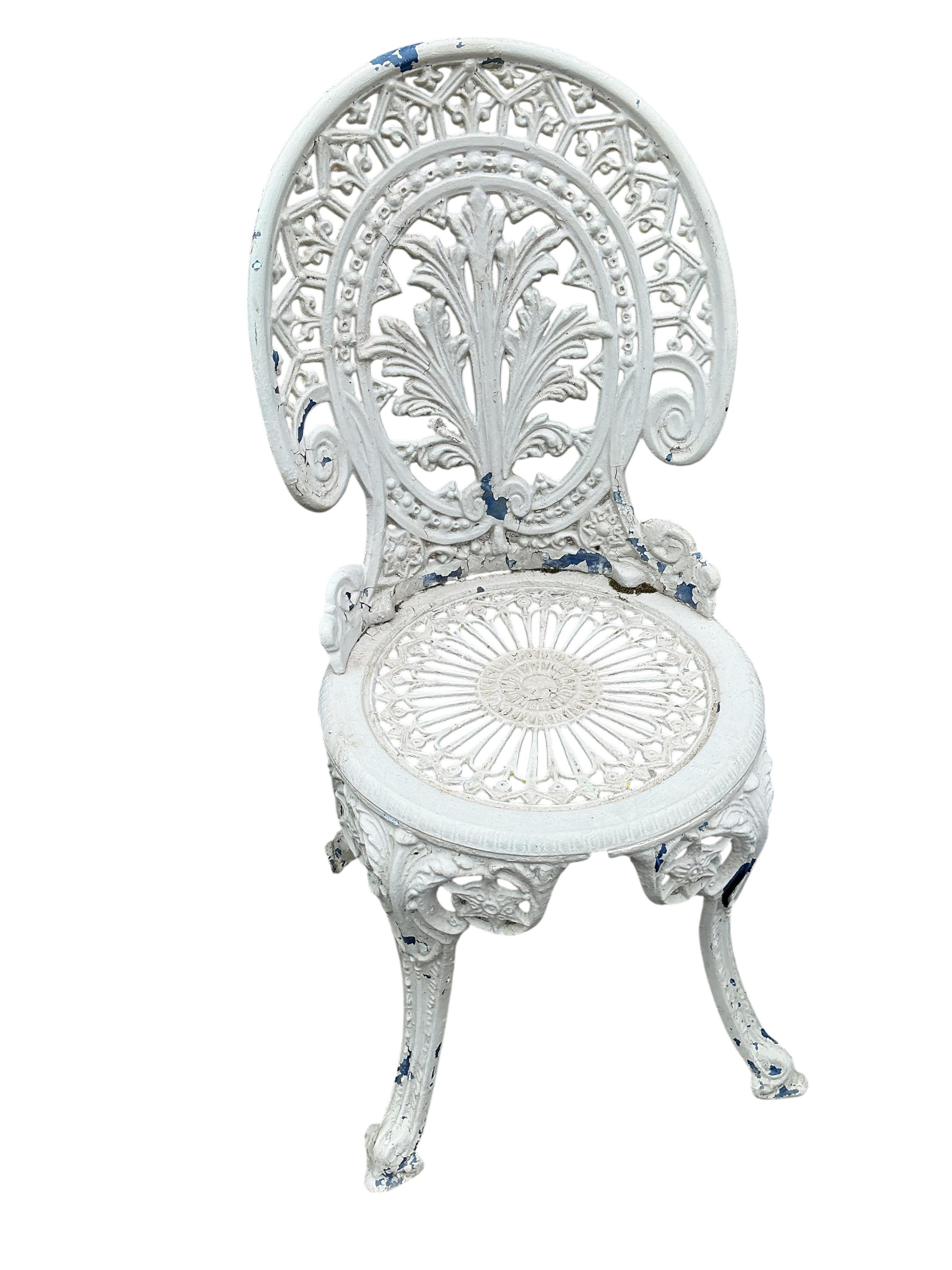 A pair of Victorian style painted aluminium garden chairs, height 85cm